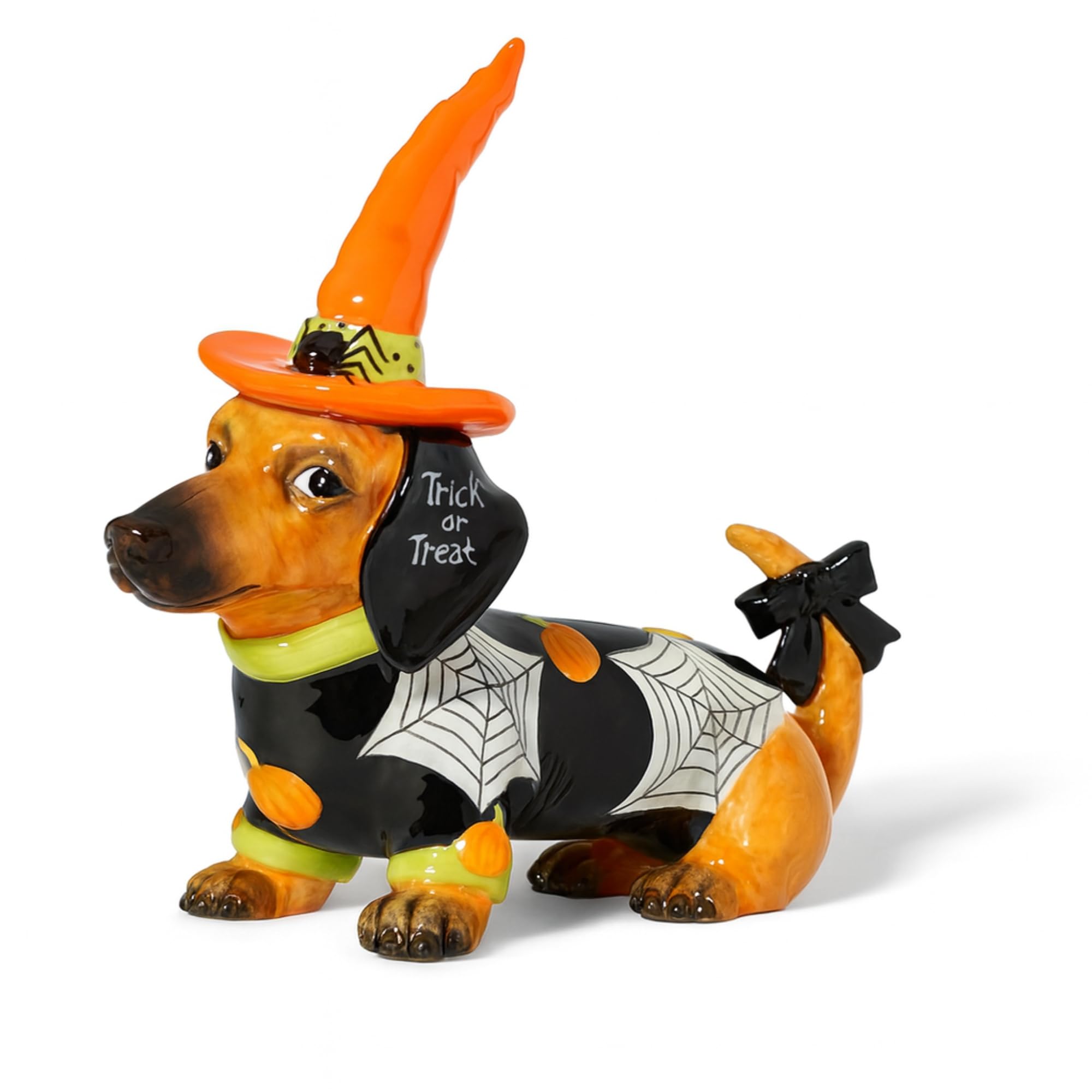 Blue Sky Clayworks Trick or Treat Dog Figurine, Ceramic, 11.75" L x 4.75" W x 9.25" H, Witch-Hat Dachshund with Spiderweb Cape