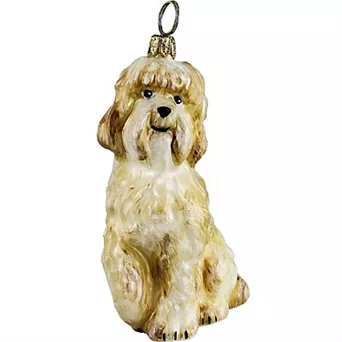 Joy To The World Sitting Yellow Labradoodle Dog Polish Glass Christmas Ornament Decoration