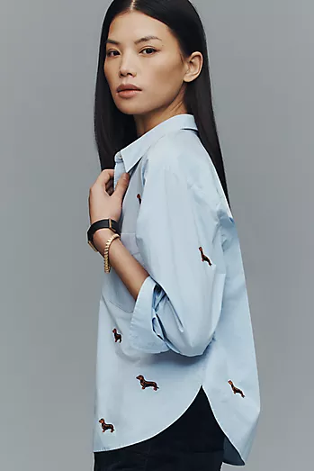 Maeve Shrunken Bennet 100% Cotton Embellished Buttondown Shirt