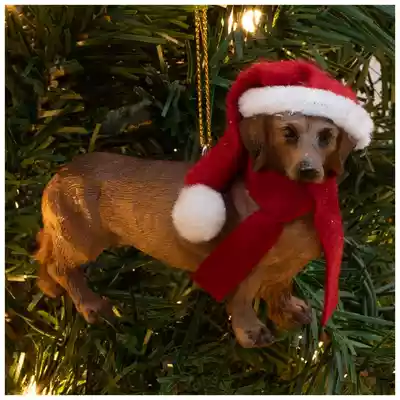 Brown Dachshund With Santa Hat Ornament
