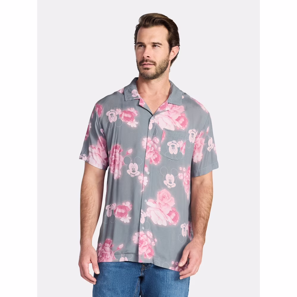 Men's and Big Men's Mickey Mouse Graphic Button-Up Shirt, Sizes XS-3XL
