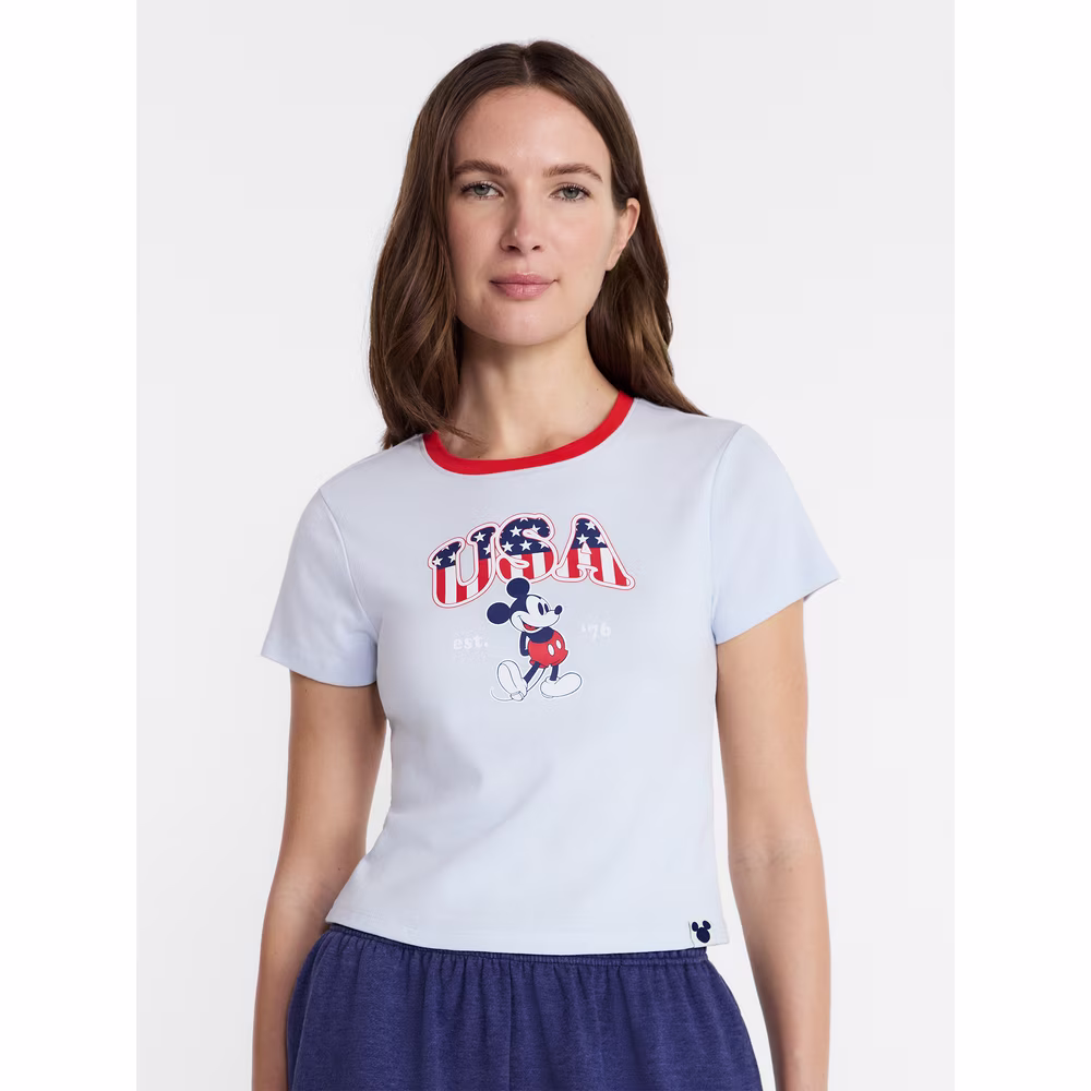 Women's Mickey Stars and Stripes Graphic Baby Tee with Short Sleeves, Sizes XXS-XXL